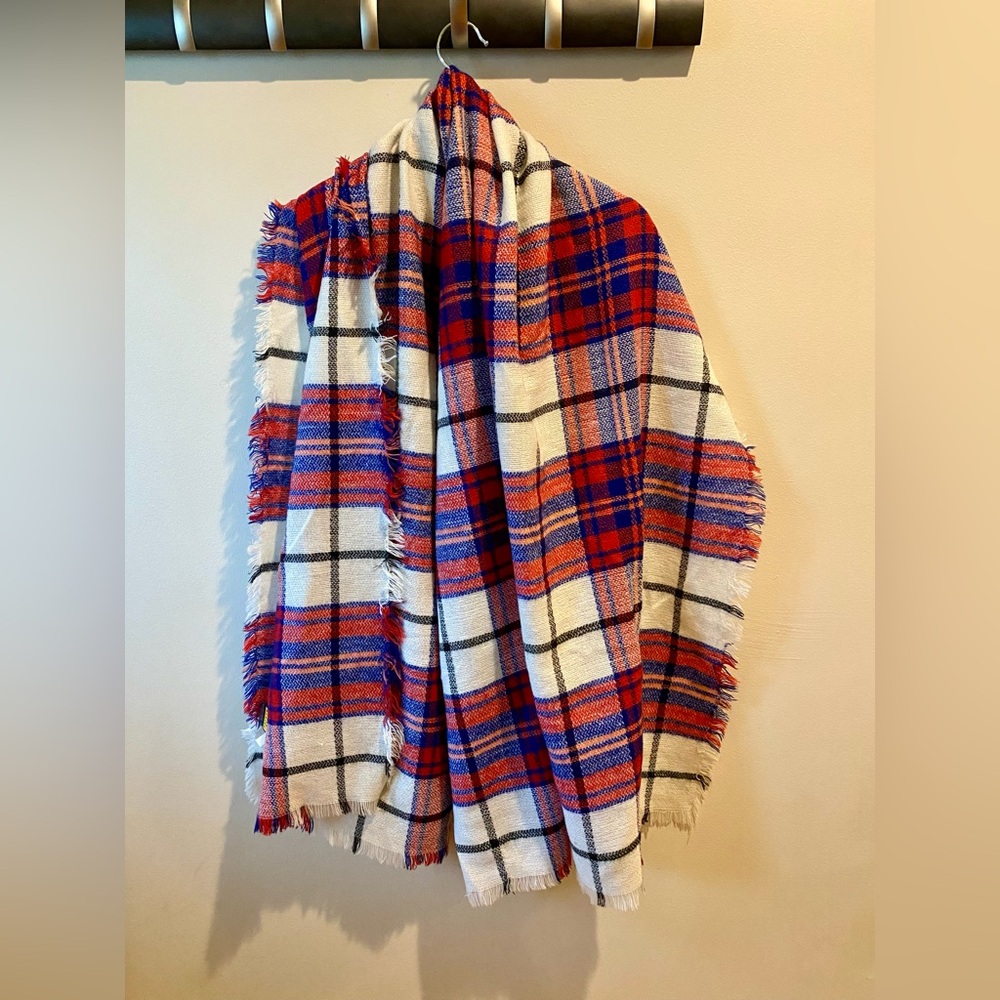 Plaid Fringe Scarf in Red and Blue